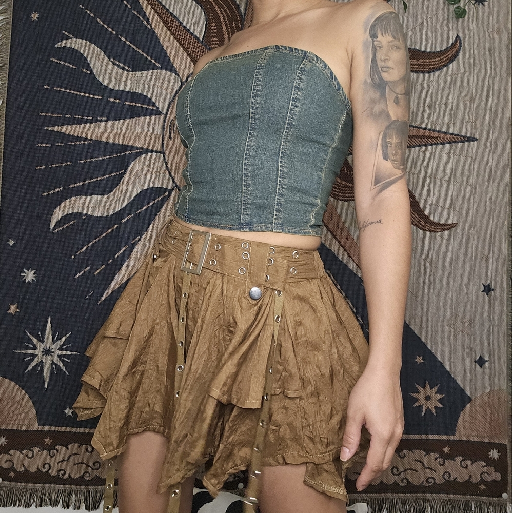 Brown and tan mini skort with asymmetrical tiers for casual outings